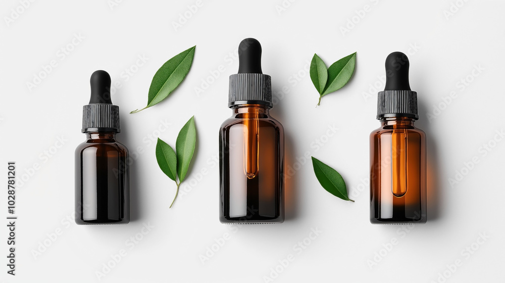 Three brown glass dropper bottles arranged with green leaves on a light gray background, showcasing a minimalist and natural skincare product theme. Three brown glass dropper bottles arranged with green leaves on a light gray background, showcasing a minimalist and natural skincare product theme.
