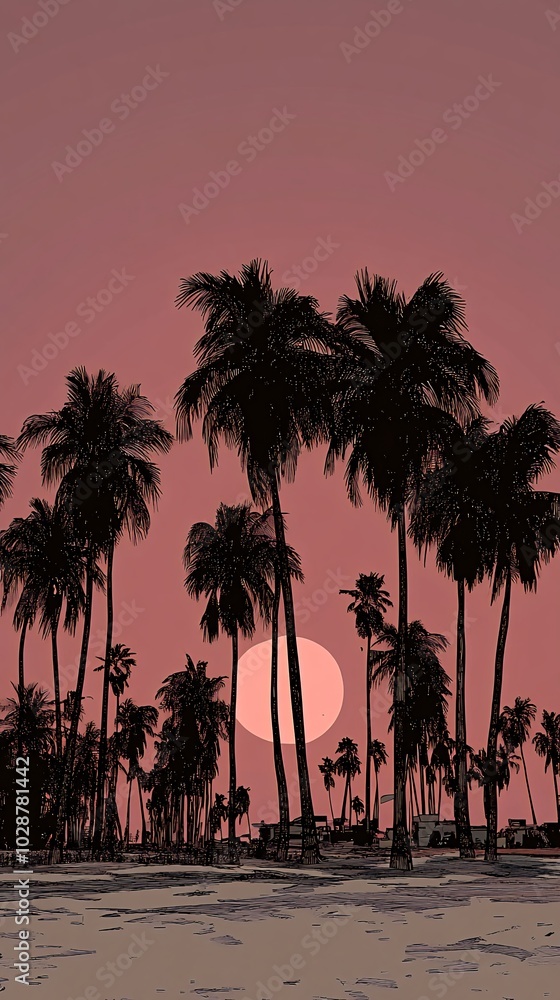 Obraz premium Silhouette of palm trees against a pink sunset sky.