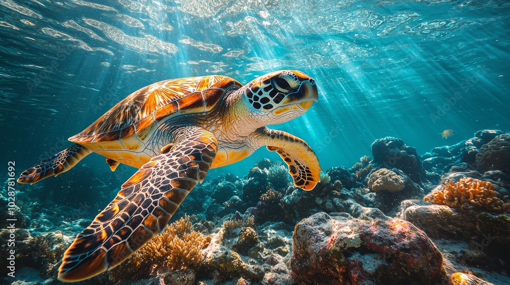 Fototapeta premium Sea turtle swimming through an underwater coral canyon 