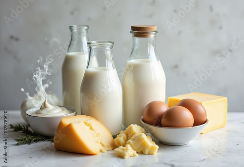 Dairy Products and Eggs on White Marble Surface  . photo