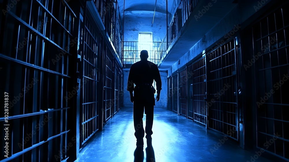 The eerie silhouette of a figure walking down a dimly lit prison corridor,surrounded by bars and glass,creates a sense of confinement,justice,and the gritty realities of the criminal justice system. The eerie silhouette of a figure walking down a dimly lit prison corridor,surrounded by bars and glass,creates a sense of confinement,justice,and the gritty realities of the criminal justice system.