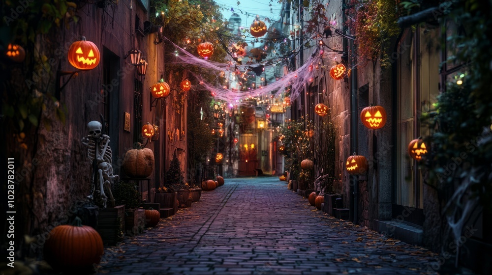 Fototapeta premium scary night in street with pumpkins
