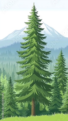Tall pine tree in front of mountain range. photo