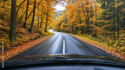 "A car drives along an autumn road surrounded by stunning natural scenery, showcasing vibrant autumn colors on a picturesque mountain highway. This landscape captures the essence of fall, 