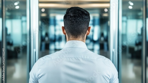 Man in a white shirt stands facing glass doors, reflecting a modern office setting, AI