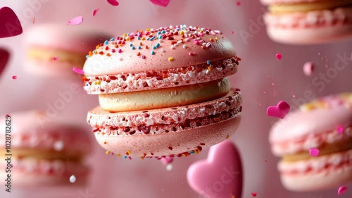 Pink macaron rotating with sprinkles falling