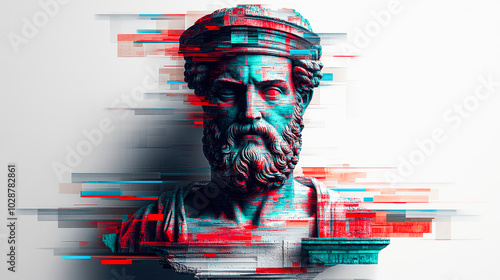 A classical bust disrupted by digital glitches, merging ancient art with modern technology to symbolize timelessness.