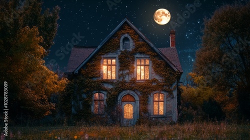 scary house in spooky forest with moonlight