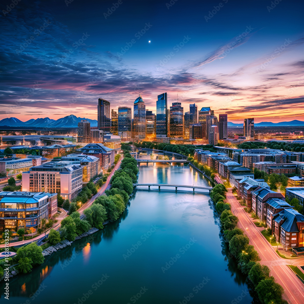 Fototapeta premium Beautiful cities with their lights, rivers, buildings composing a lush landscape in mountains.