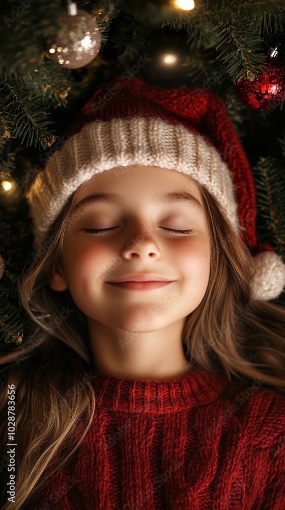 Festive joy radiates from a child's serene smile, eyes closed in blissful contentment beneath a Santa hat, surrounded by twinkling Christmas lights and evergreen boughs. Festive joy radiates from a child's serene smile, eyes closed in blissful contentment beneath a Santa hat, surrounded by twinkling Christmas lights and evergreen boughs.