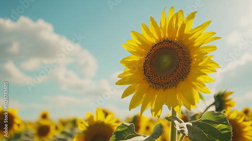 "A close-up view of a sunflower blooming in a field of sunflowers on a bright, sunny summer day with a few clouds in the sky. Helianthus."