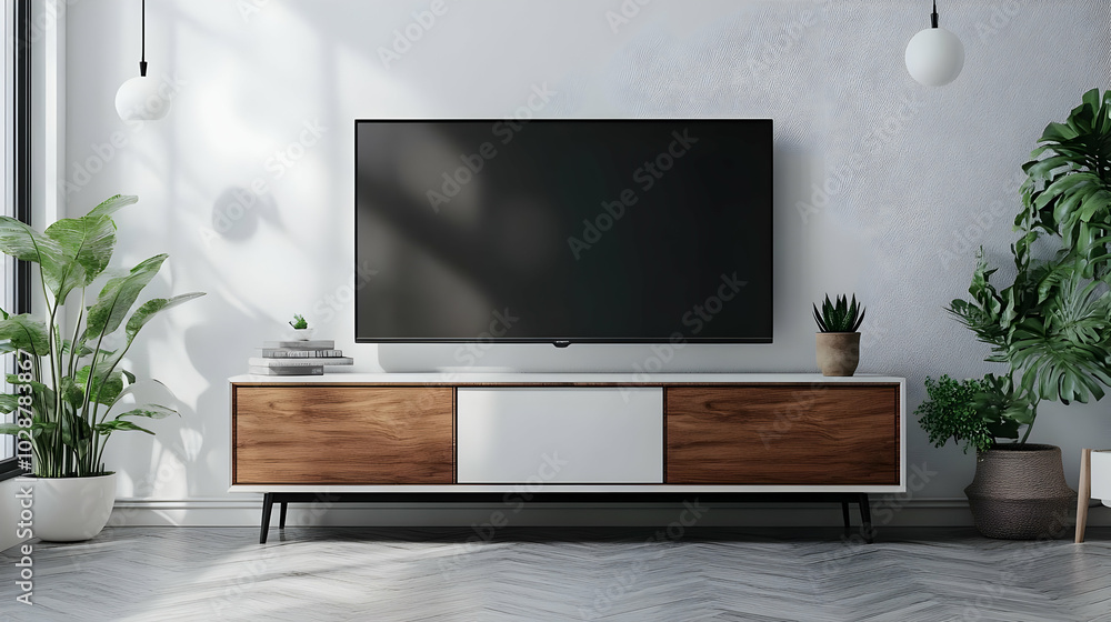 Modern living room setup with a TV and decorative plants. Modern living room setup with a TV and decorative plants.