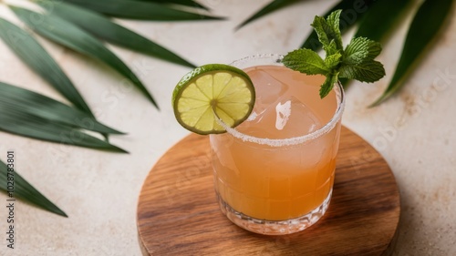 Refreshing cocktail with lime and mint garnish 