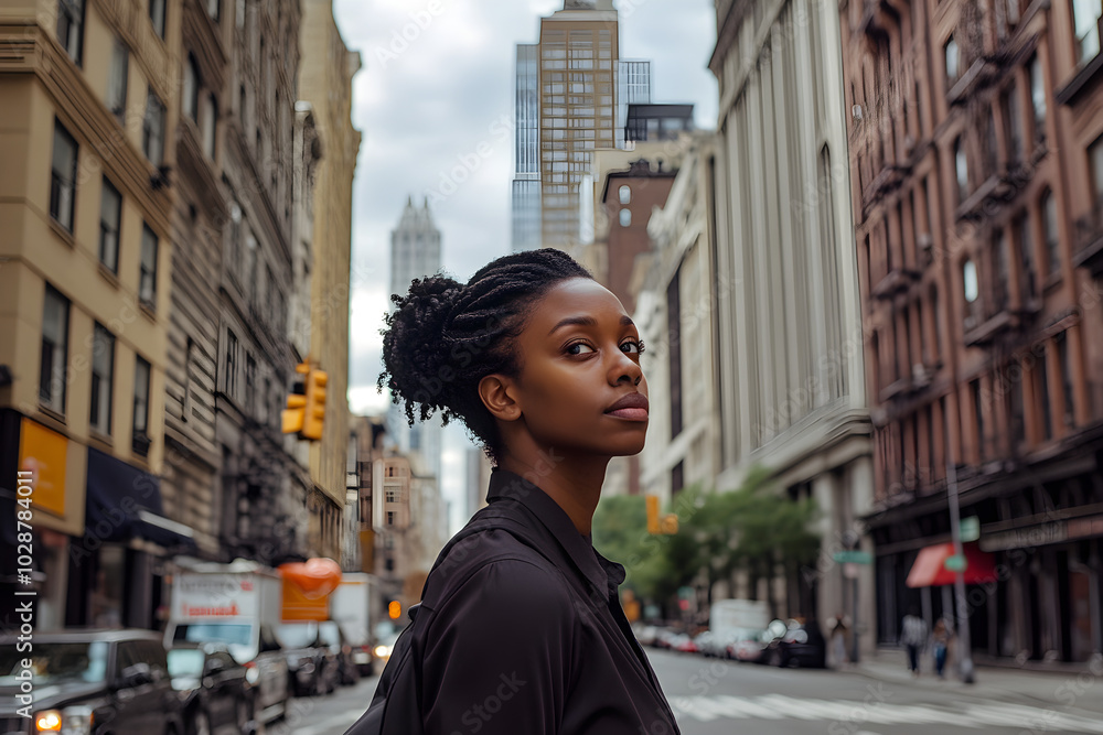 A black woman gazes thoughtfully while standing on a bustling city street, framed by tall buildings and urban life A black woman gazes thoughtfully while standing on a bustling city street, framed by tall buildings and urban life
