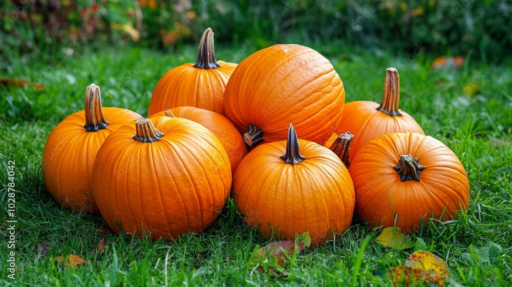 Vibrant orange pumpkins of various sizes clustered together on lush green grass, creating a festive autumn scene perfect for harvest celebrations. Vibrant orange pumpkins of various sizes clustered together on lush green grass, creating a festive autumn scene perfect for harvest celebrations.