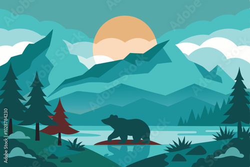 Landscape Scene with Bear Silhouette vector