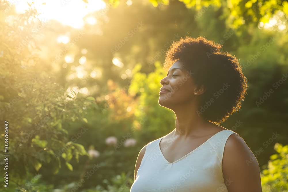 A woman with natural hair enjoys a moment of tranquility in a sunlit garden surrounded by greenery and soft light A woman with natural hair enjoys a moment of tranquility in a sunlit garden surrounded by greenery and soft light