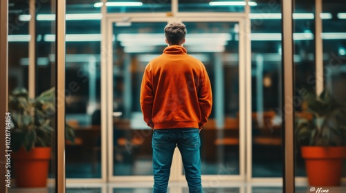 Wallpaper Mural Young man in orange hoodie stands in modern, illuminated hallway, facing glass doors, AI Torontodigital.ca