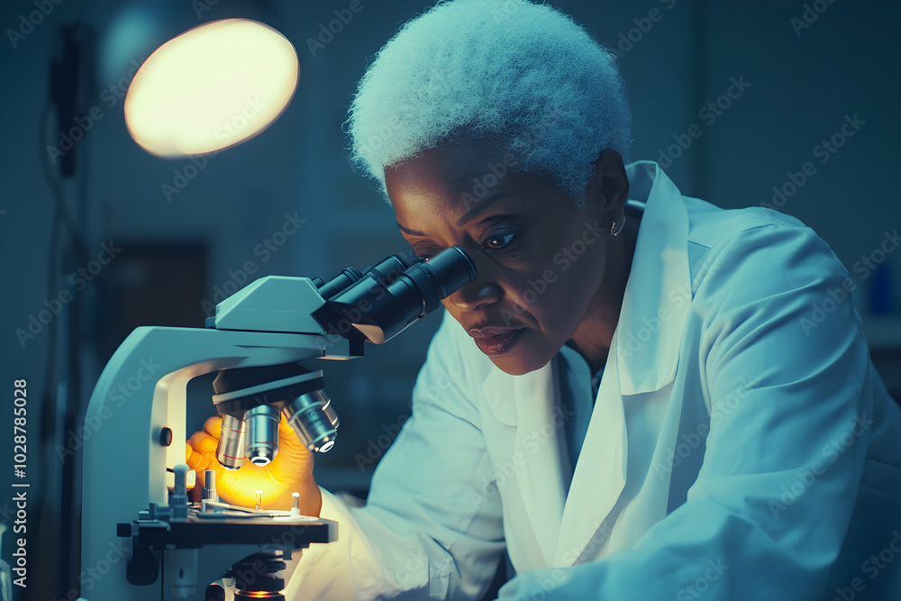 A senior Black woman focused on a microscope, emitting warm light, wearing a lab coat, showcasing dedication in scientific research A senior Black woman focused on a microscope, emitting warm light, wearing a lab coat, showcasing dedication in scientific research