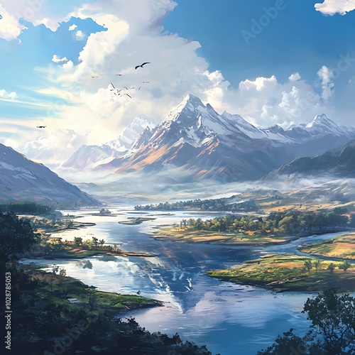 A serene landscape featuring majestic mountains, a winding river, and a vibrant sky filled with clouds.