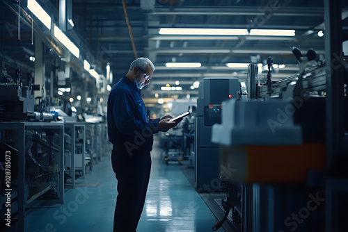 A senior man stands in a modern factory, using a tablet while surrounded by machinery and dim lighting, highlighting focus and technology in the workplace