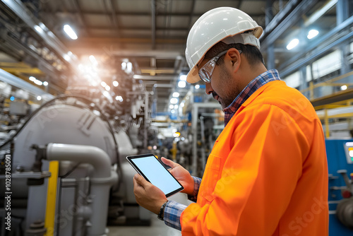 A worker in an orange safety jacket and helmet uses a tablet in an industrial setting filled with machinery and equipment