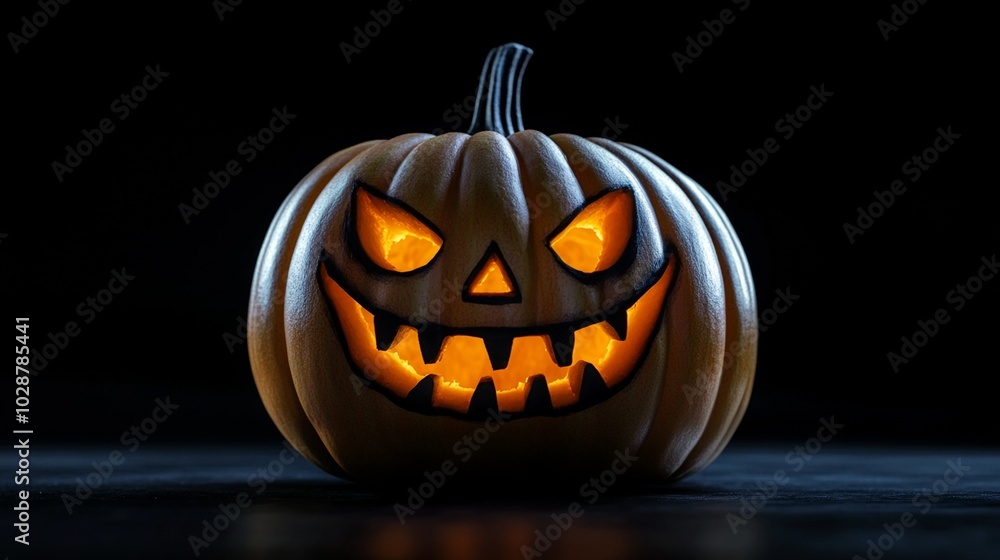 Eerie jack-o'-lantern with glowing orange eyes and jagged smile illuminates the darkness, casting an ominous Halloween ambiance on reflective surface. Eerie jack-o'-lantern with glowing orange eyes and jagged smile illuminates the darkness, casting an ominous Halloween ambiance on reflective surface.