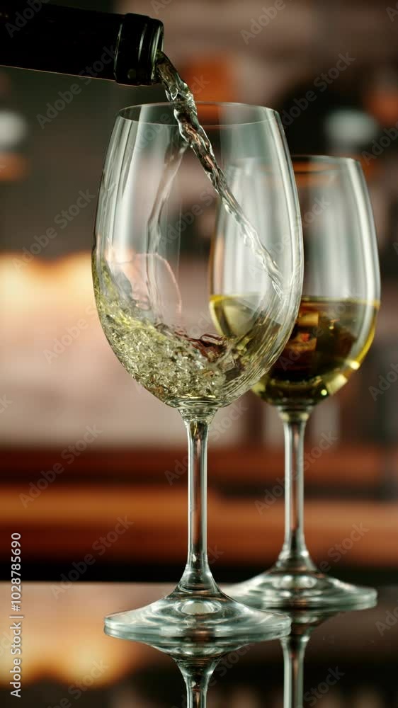 Close-up of white wine pouring into glass , slow motion, filmed on high speed cinematic camera at 1000 fps Close-up of white wine pouring into glass , slow motion, filmed on high speed cinematic camera at 1000 fps