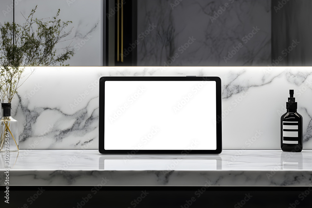 Fototapeta premium Minimalist photography showcases a sleek tablet on a marble countertop, accompanied by a stylish bottle and floral accent for a modern aesthetic