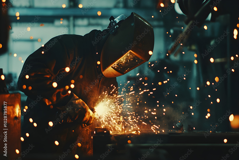 A welder focuses intently on his work, surrounded by flying sparks in a dimly lit workshop, conveying a sense of craftsmanship and dedication A welder focuses intently on his work, surrounded by flying sparks in a dimly lit workshop, conveying a sense of craftsmanship and dedication