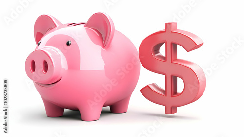 3D Floating Piggy Bank and Dollar Sign Icon - Financial Success & Saving Strategies Concept, Isolated on White Background for Easy Integration into Designs