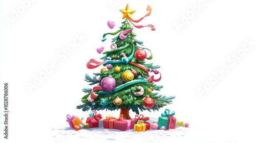 3d decorated and colourful christmas tree isolated on white