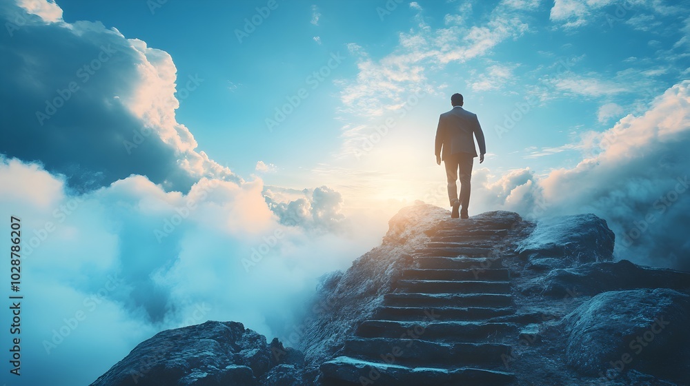 Obraz premium Determined Business Leader Climbing to the Top of the Mountain for Career Success and Motivation.