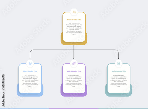 Business management level distribution structure Infographics Design Template, Workflow diagram, flowchart, Concept tree chart for business hierarchy, Second level Organizational chart divide three