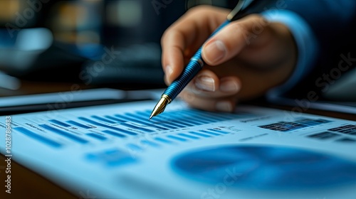 Financial analyst examining detailed blue charts and graphs with pen