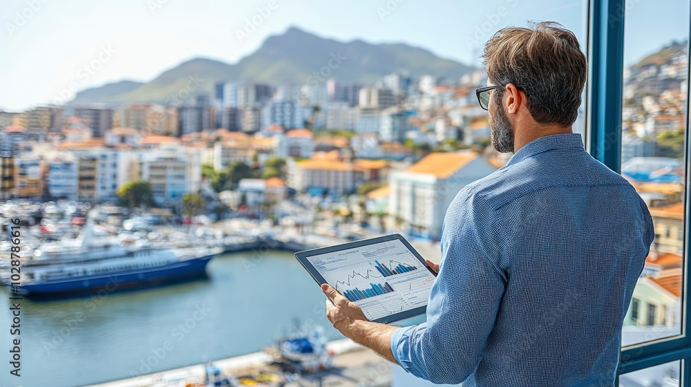 Business Professional Analyzing Data with Coastal City View Business Professional Analyzing Data with Coastal City View