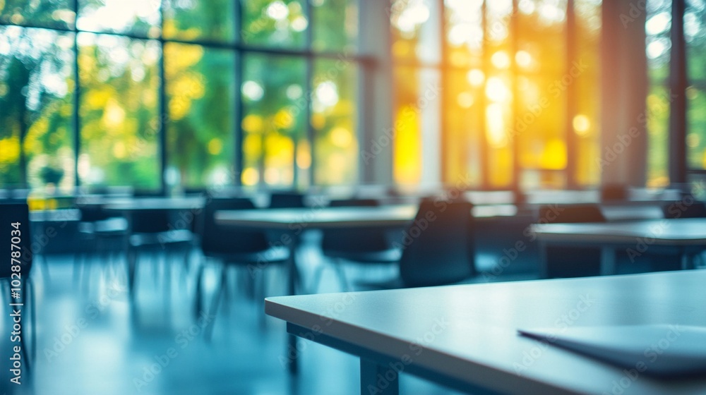Modern classroom interior with rows of desks bathed in warm sunlight streaming through large windows, creating a serene learning environment. Modern classroom interior with rows of desks bathed in warm sunlight streaming through large windows, creating a serene learning environment.