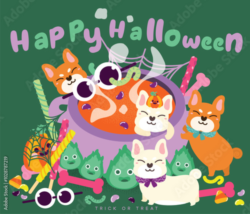 Halloween party with cute shiba inu puppy dog, flat and colorful illustration.