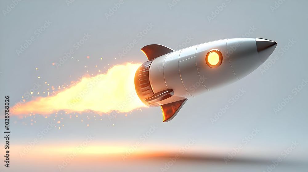 3D Floating Rocket Icon with Glowing Flame Trail - Symbolizing Mastery in Innovation and Technology Trends, Isolated on White Background for Startup Infographics 3D Floating Rocket Icon with Glowing Flame Trail - Symbolizing Mastery in Innovation and Technology Trends, Isolated on White Background for Startup Infographics