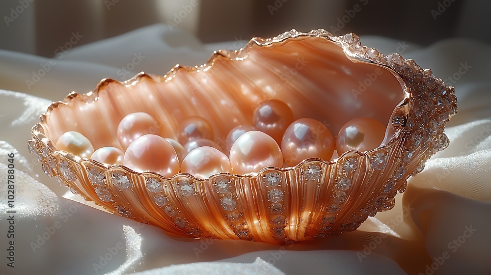 A collection of pearls sit inside a large seashell with a decorative border of small, iridescent crystals. A collection of pearls sit inside a large seashell with a decorative border of small, iridescent crystals.