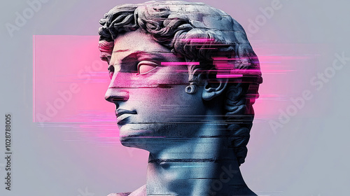 A side profile of a classical marble bust with glitch effects in pink hue, showcasing a fusion of historical and digital aesthetics. photo