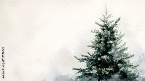 A detailed evergreen Christmas tree in minimalist watercolor style with soft lighting against a white background, embodying a festive holiday theme.