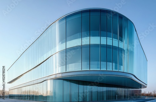 Modern glass building with curved design overlooking a clear blue sky in an u...
