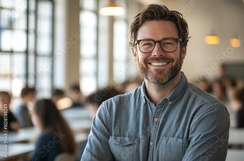 Smiling teacher in a classroom with engaged students during a sunny daytime l...