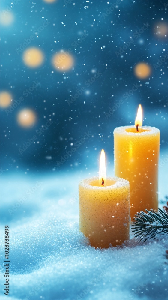 Glowing candles illuminate a snowy winter scene, their warm light contrasting with the cool blue background and falling snowflakes, creating a cozy atmosphere. Glowing candles illuminate a snowy winter scene, their warm light contrasting with the cool blue background and falling snowflakes, creating a cozy atmosphere.