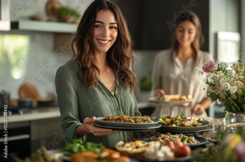 A woman smiles while serving a delicious meal at a cozy gathering in a beauti...