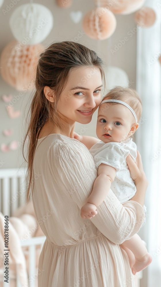 A tender moment captured between a mother and her baby girl, surrounded by soft pastel decorations. Love and joy radiate from their gentle embrace. A tender moment captured between a mother and her baby girl, surrounded by soft pastel decorations. Love and joy radiate from their gentle embrace.