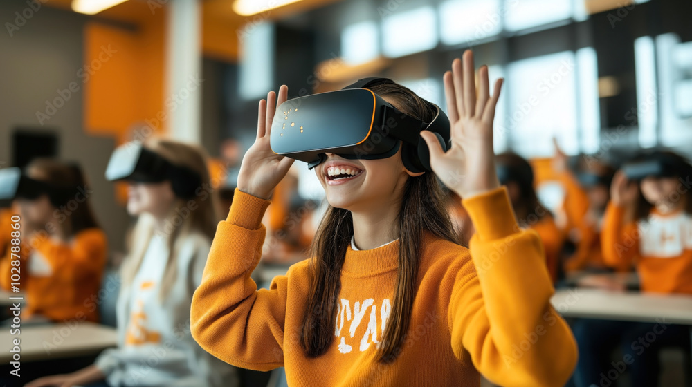 Group of students wearing virtual reality headsets in a classroom setting, engaging with interactive learning experiences. Group of students wearing virtual reality headsets in a classroom setting, engaging with interactive learning experiences.