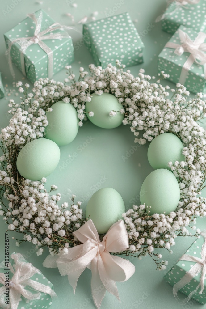Obraz premium Easter wreath with decorated eggs and gifts arranged on a pastel blue background