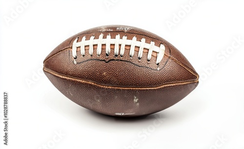 Brown leather football on a plain background, emphasizing its texture and sti...